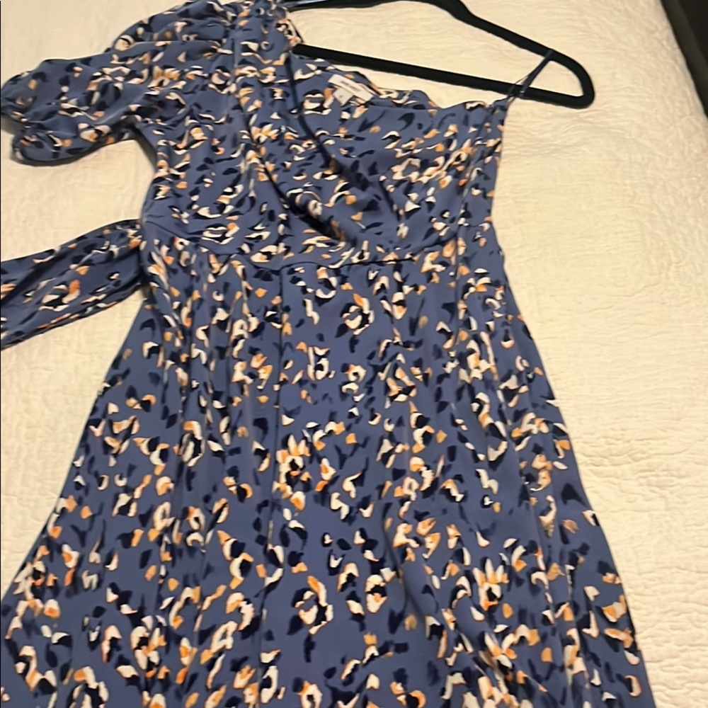 Nine West Blue and White Asymmetrical Ruffled One Shoulder Dress